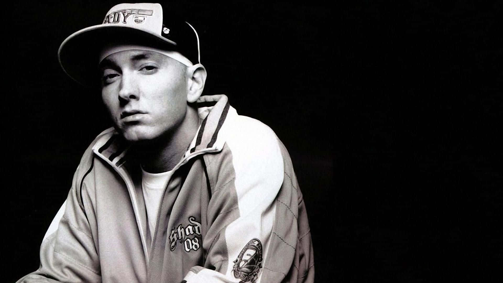 Eminem 桌布 壁紙 — Eminem 戴住帽同外套嘅黑白肖像，背景係深色。