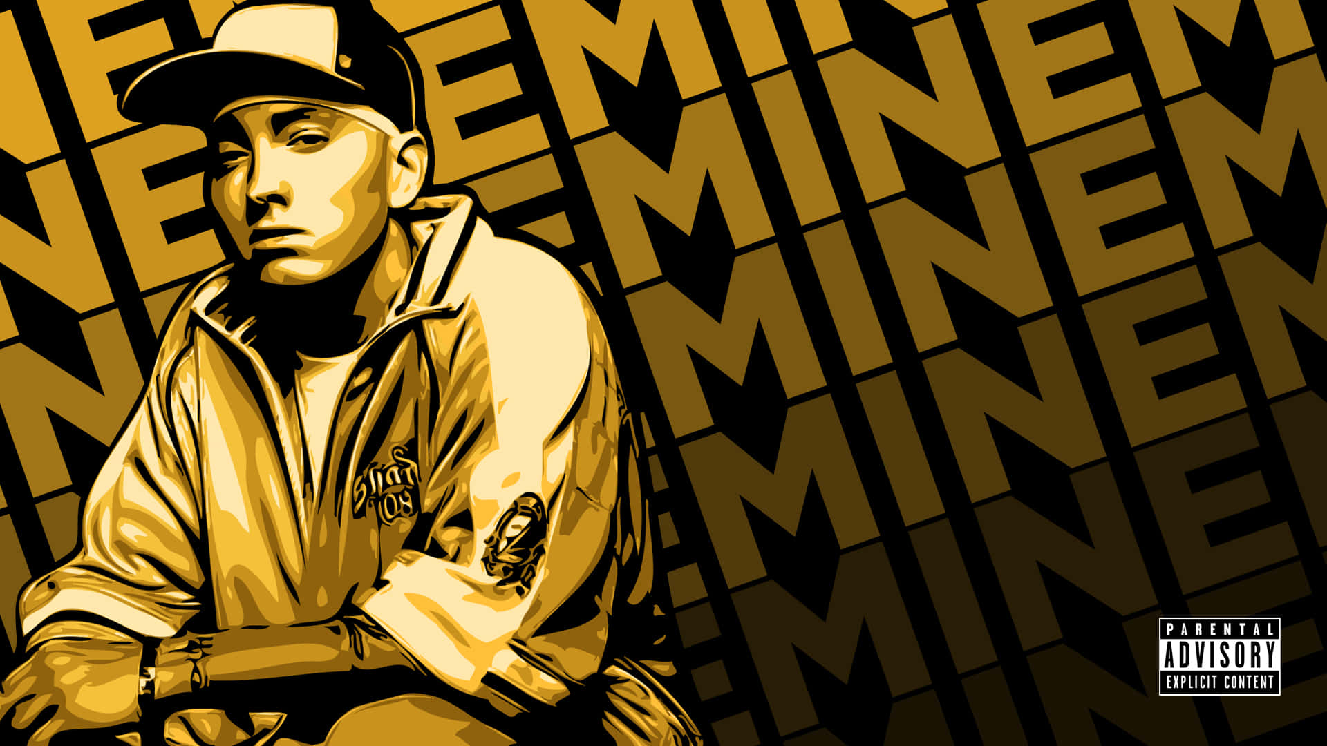 Eminem 桌布 壁紙 — Eminem 戴帽穿外套的風格化插圖，背景為重複的金色和黑色「EMINEM」。