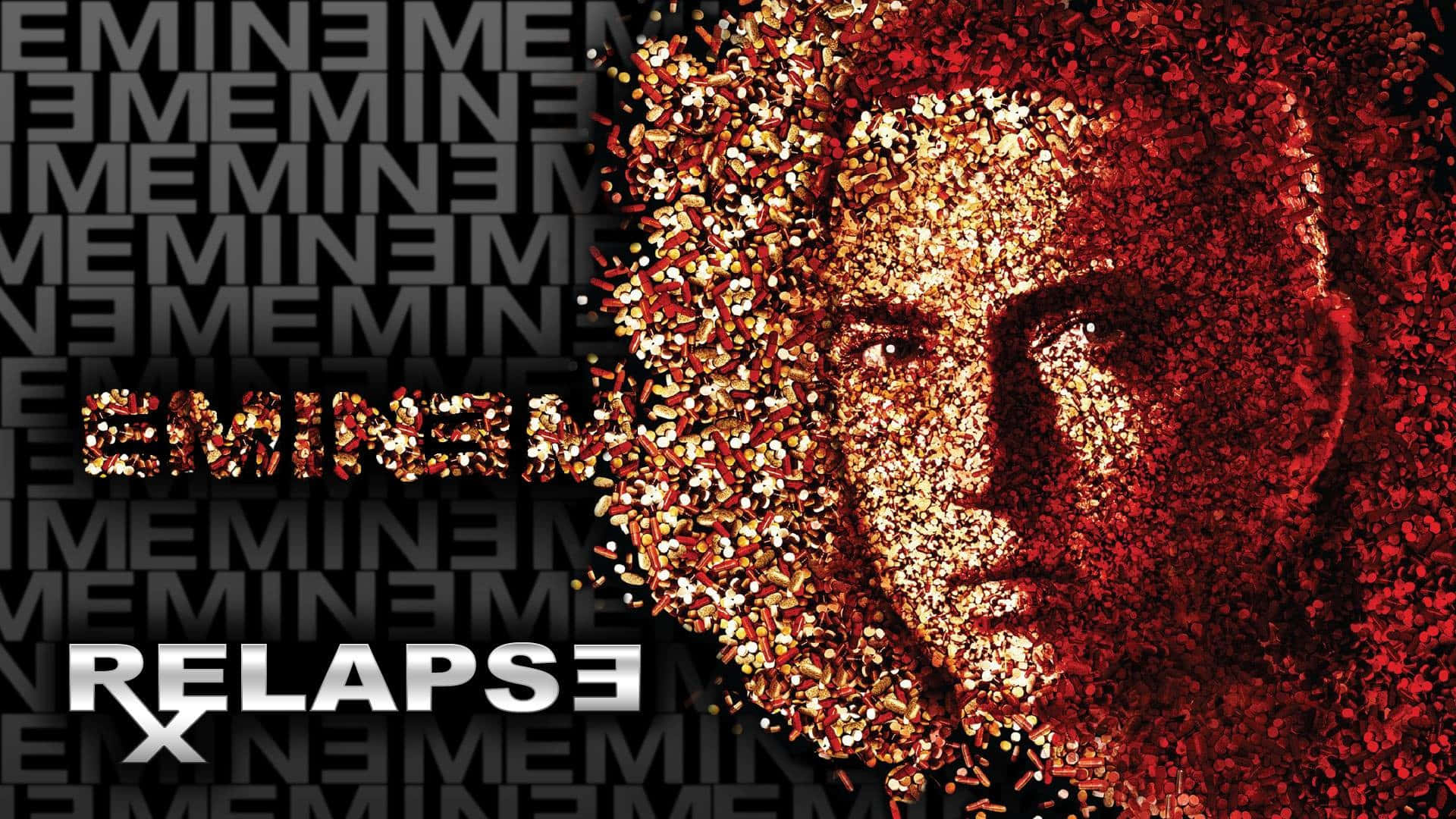 Eminem 桌布 壁紙 — Eminem 的臉由閃爍的金色和紅色粒子形成，背景為重複的灰色「EMINEM」及「RELAPSE」文字。
