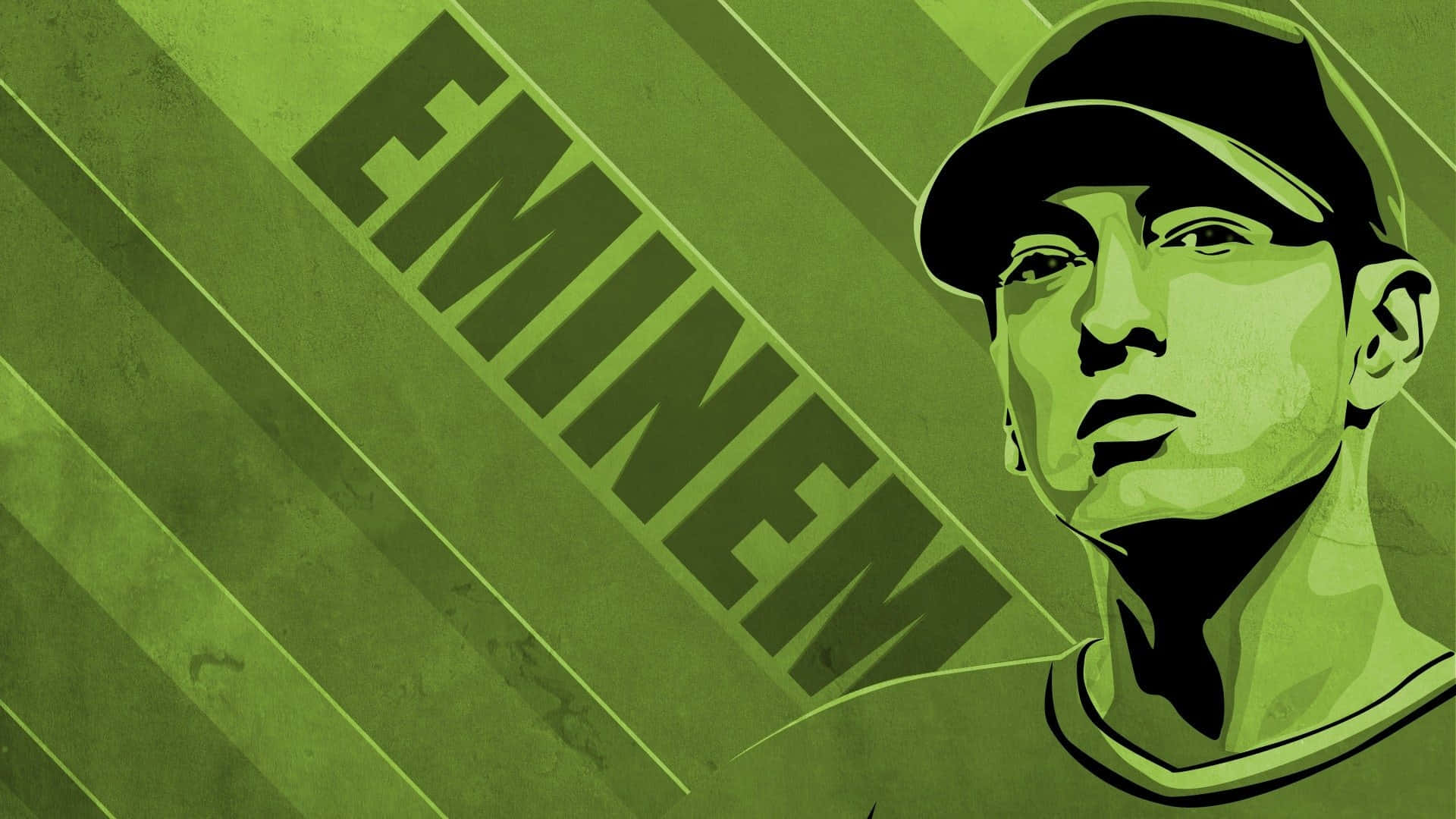 Eminem 桌布 壁紙 — Eminem 的風格化綠色插圖，戴著帽子，帶有醒目的對角線條紋，他的名字以粗體字呈現。