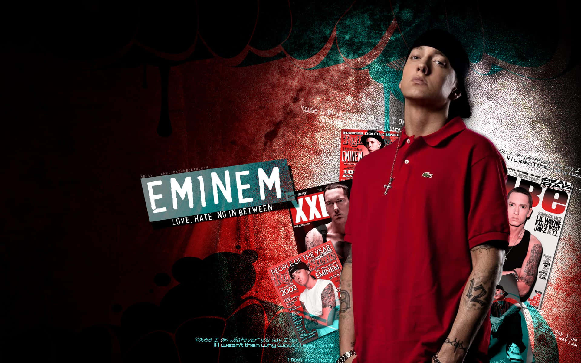 Eminem 桌布 壁紙 — Eminem 自信地穿著紅色Polo衫，站在佈滿塗鴉和其雜誌封面的牆前。