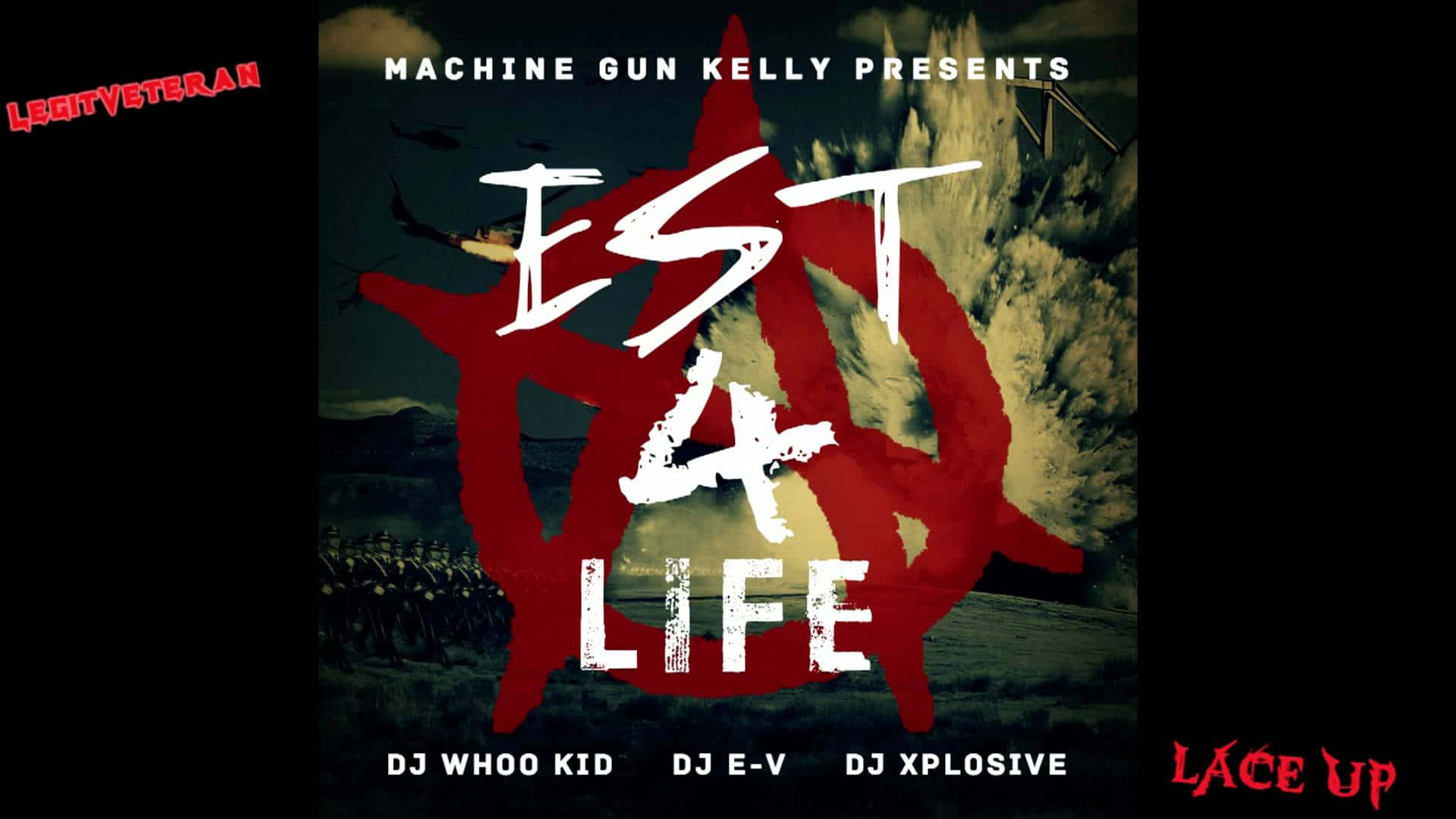Machine Gun Kelly 的《EST 4 LIFE》專輯封面，帶有紅色無政府主義符號和黑暗天空。
