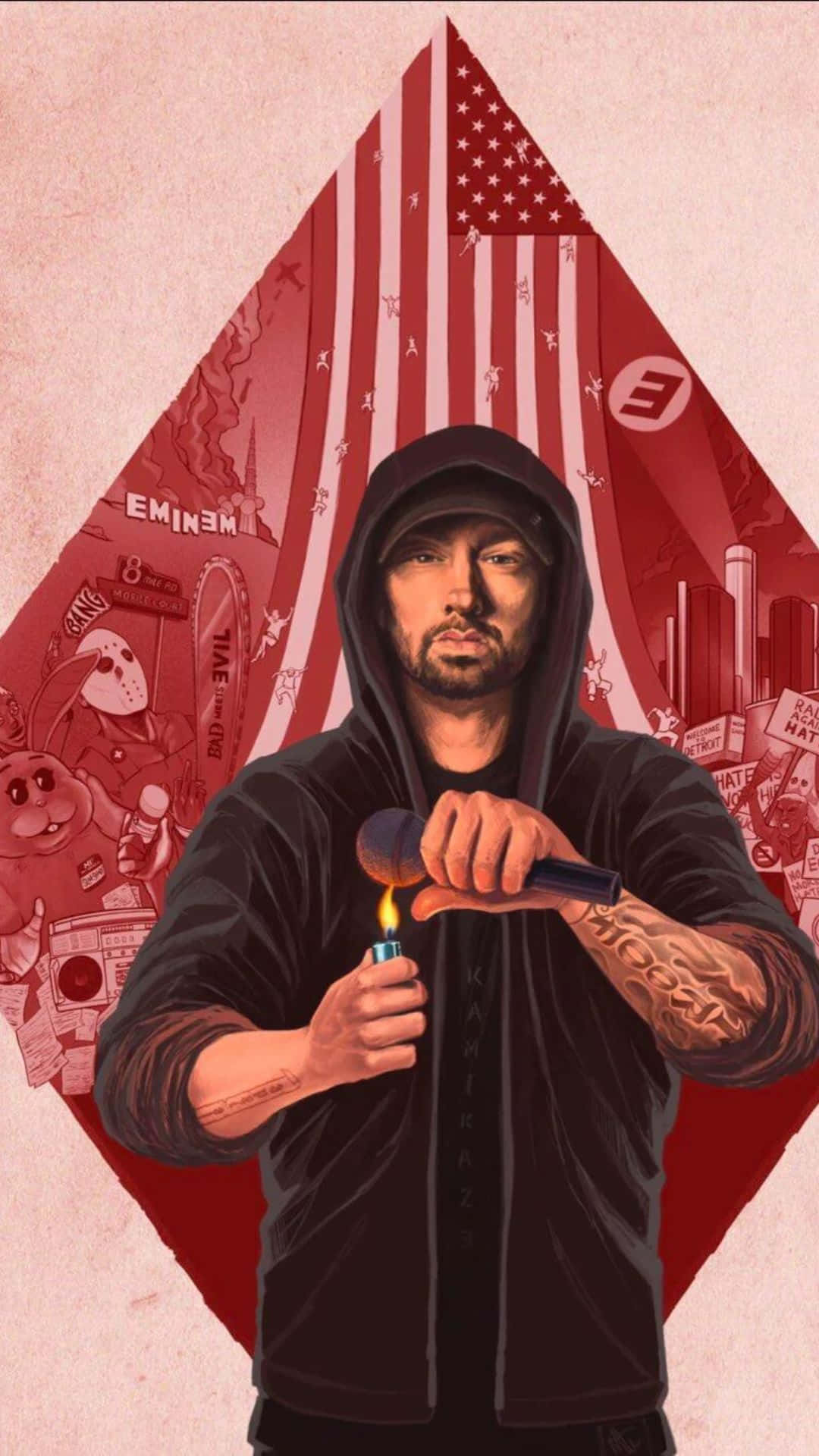 Eminem 桌布 壁紙 — Eminem 身穿黑色連帽衫，手持點燃的打火機和麥克風，背景是紅色鑽石圖案，上面有美國國旗和流行文化圖標。