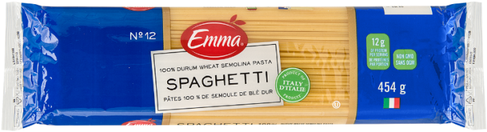 Emma義大利麵包裝 壁紙 — Emma 品牌意大利麵包裝的特寫，顯示藍色和木紋設計及產品詳細資訊。
