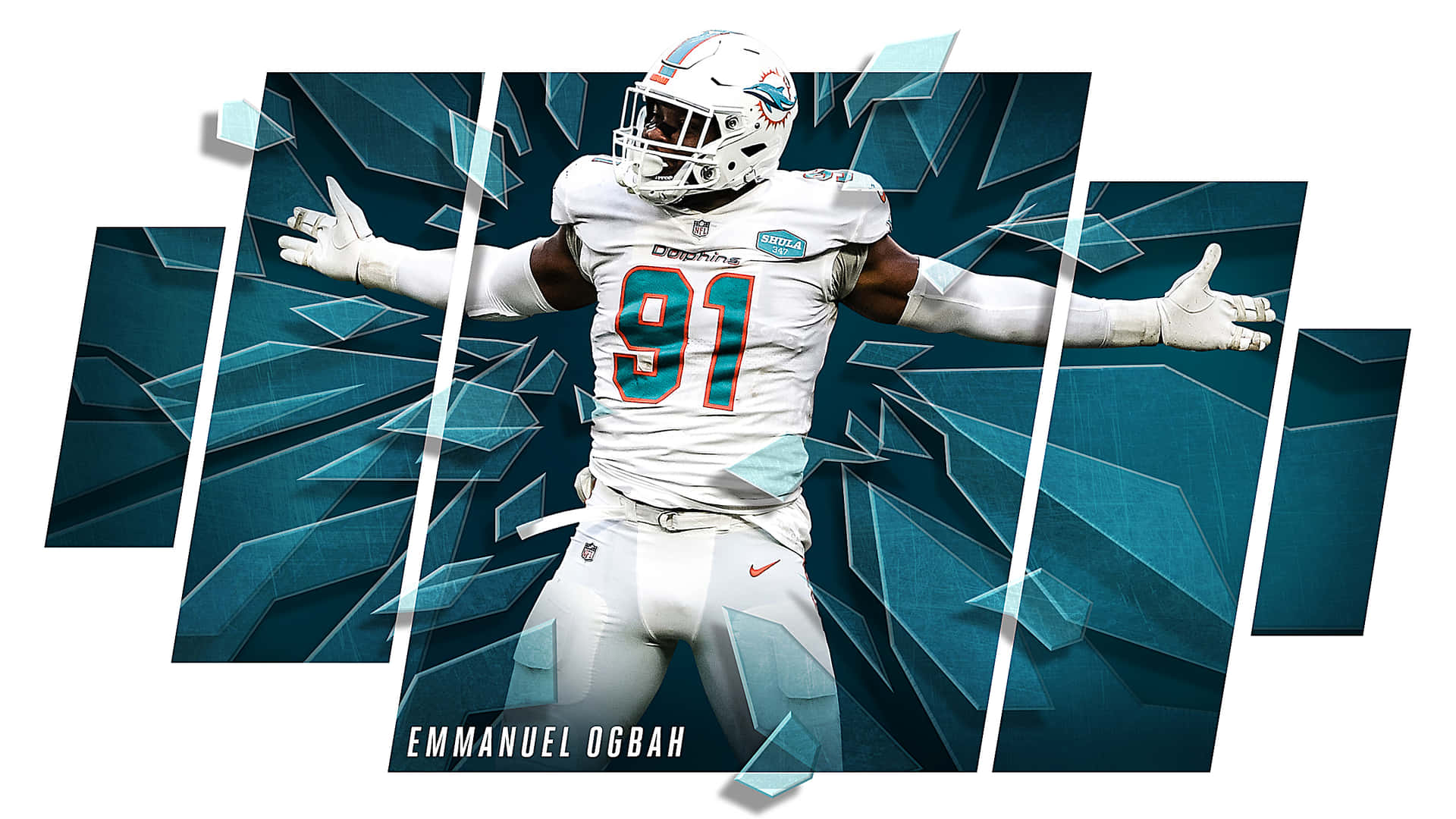 美式足球員 Emmanuel Ogbah 身穿白色球衣，雙臂伸向青綠色幾何碎片。 — 邁阿密海豚 GIF 壁紙