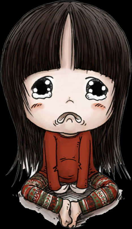 emo 風卡通人物 壁紙 — 一個有著大眼睛、淚眼汪汪和鬍子的可愛動漫女孩，穿著紅色毛衣和圖案褲子盤腿而坐。