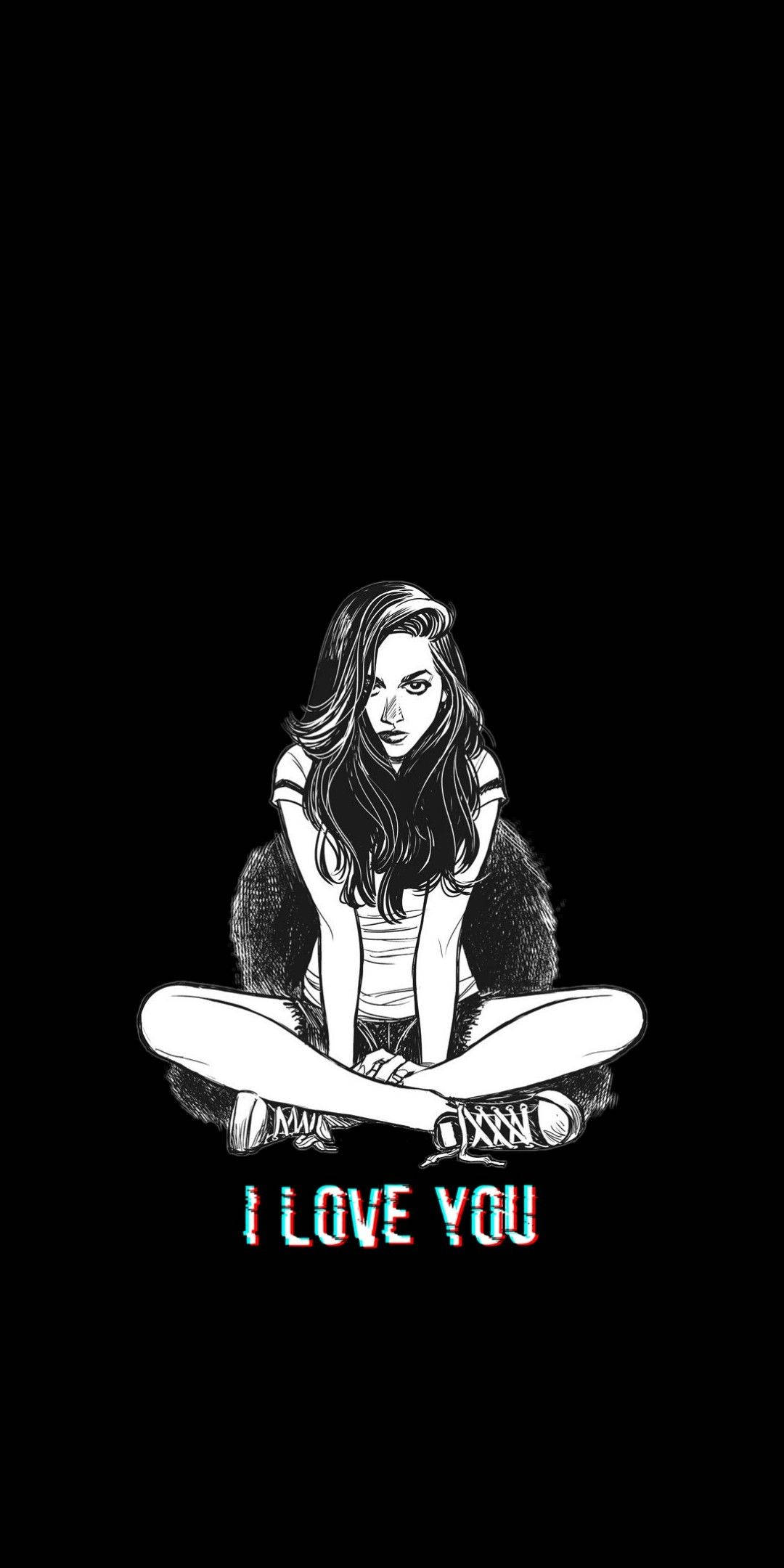emo風格女士 壁紙 — 一個風格化的黑白插圖，描繪一個女孩盤腿而坐，下方有「I LOVE YOU」文字，呈現故障風格的紅色和藍色。