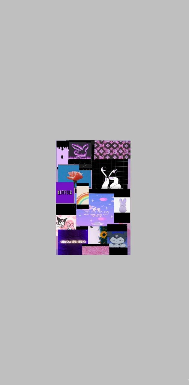 emo風格：灰調 壁紙 — 一個充滿活力的紫色主題數位拼貼畫，包含動漫角色、Netflix 標誌和抽象圖案，採用網格佈局。