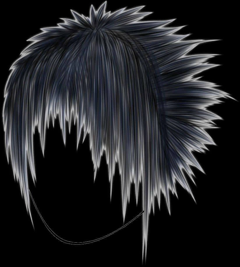 emo 髮型插畫 壁紙 — 一個風格化的尖刺銀藍色動漫髮型，在黑色背景上帶有銳利的高光。