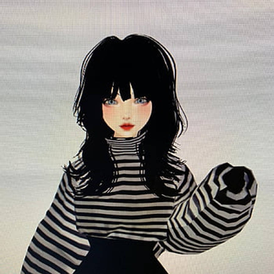 唯美動漫害羞 emo 女孩 壁紙 — 一個風格化的動漫女孩，黑髮紅唇，穿著黑白條紋高領毛衣，背景為純灰色。