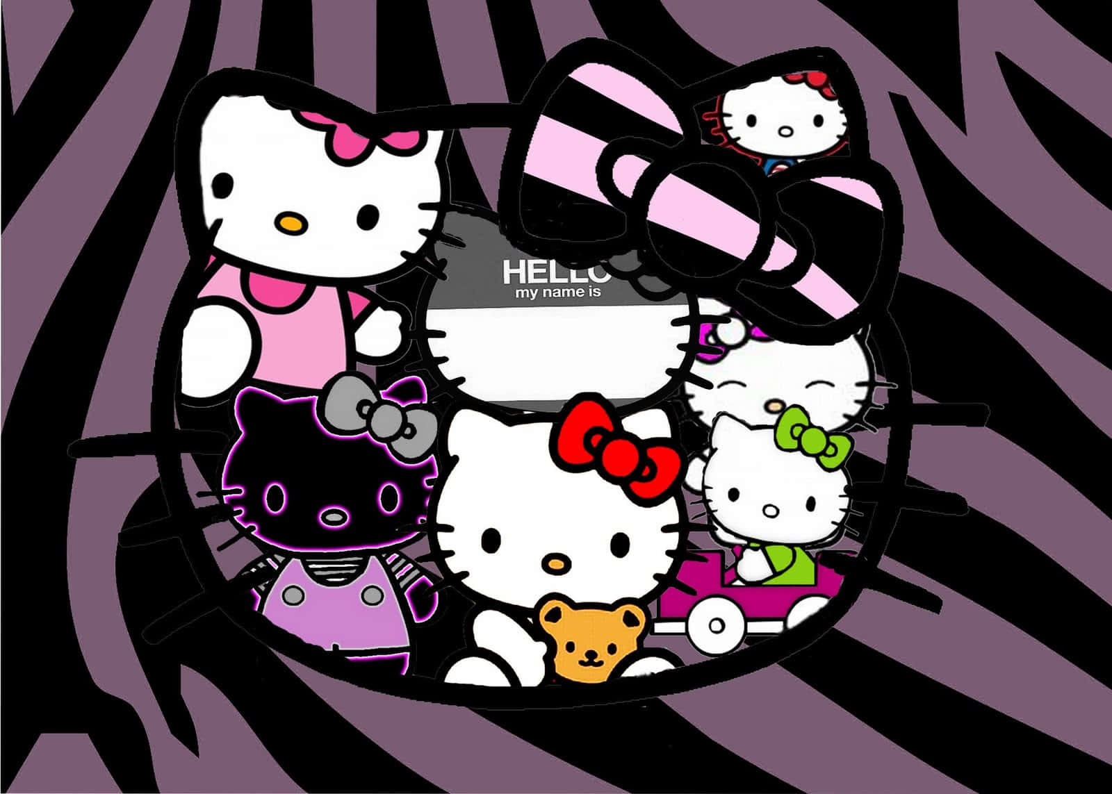 Hello Kitty角色戴著蝴蝶結和玩具，斑馬條紋背景