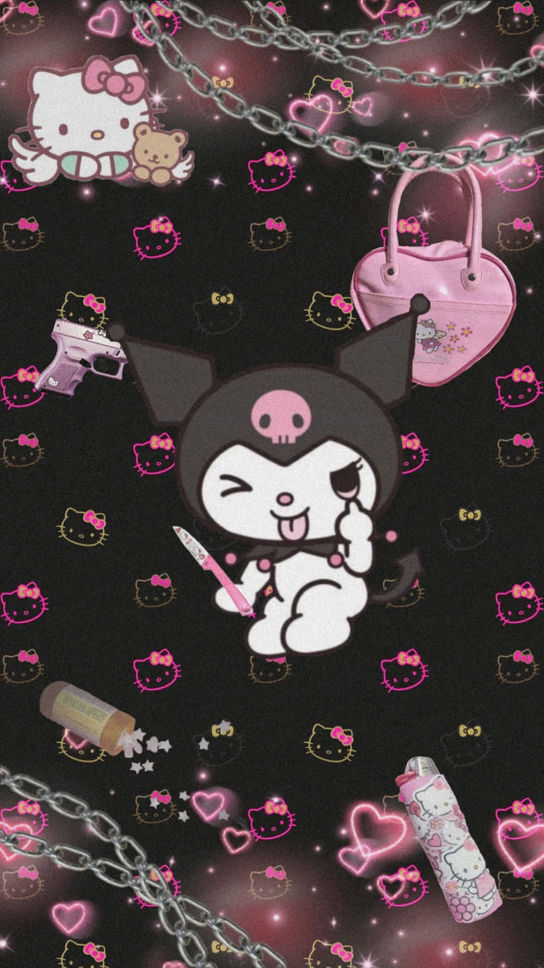 Kuromi 在深色背景上手持刀，帶有粉紅色心形和鎖鏈。