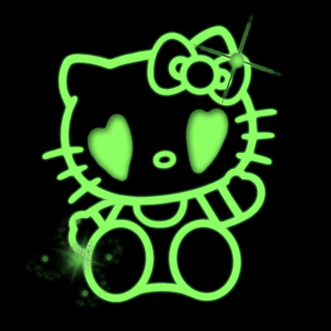發光霓虹綠色Hello Kitty，帶有心形眼睛和閃光，黑色背景。