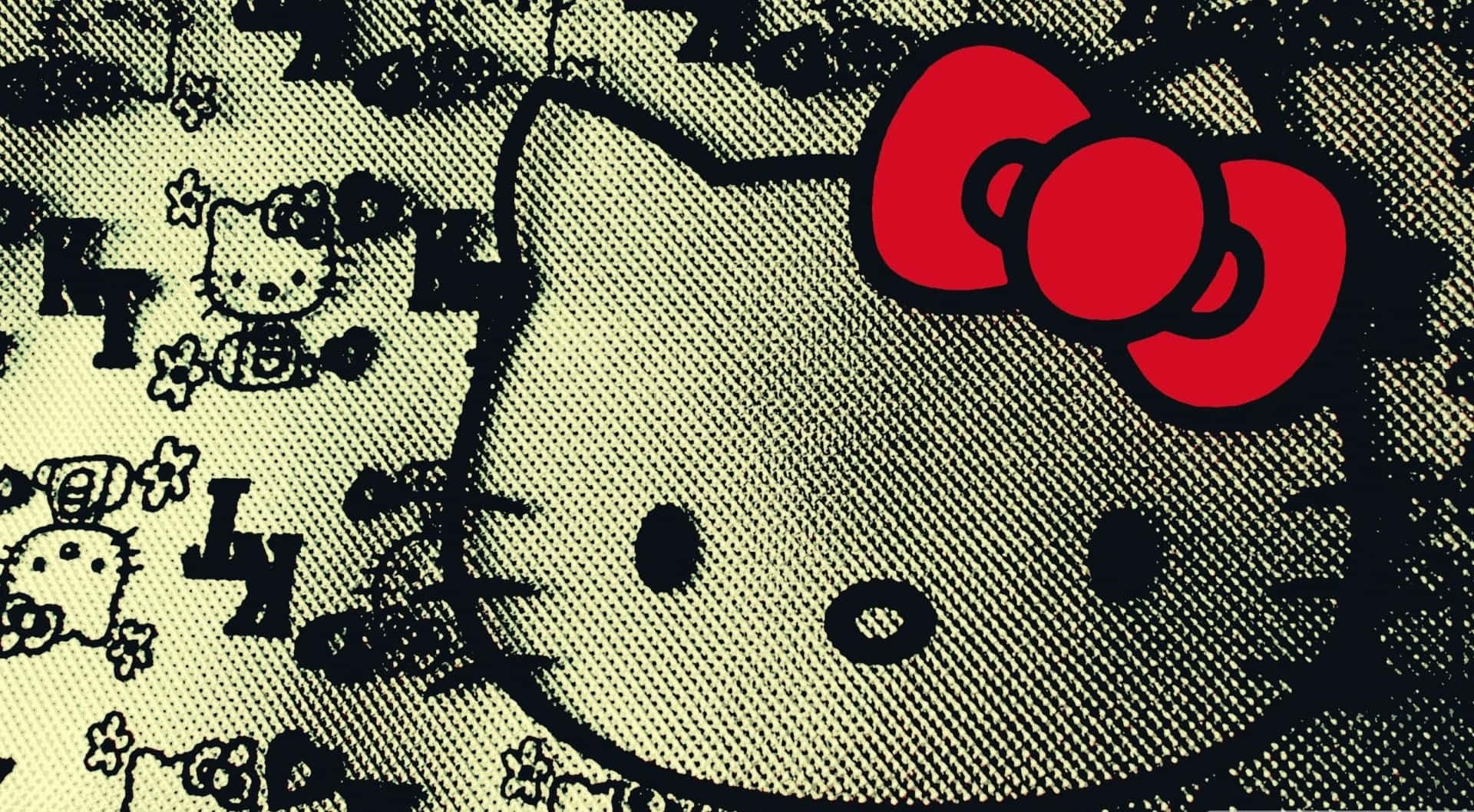Hello Kitty在圖案布料背景上戴著紅色蝴蝶結。