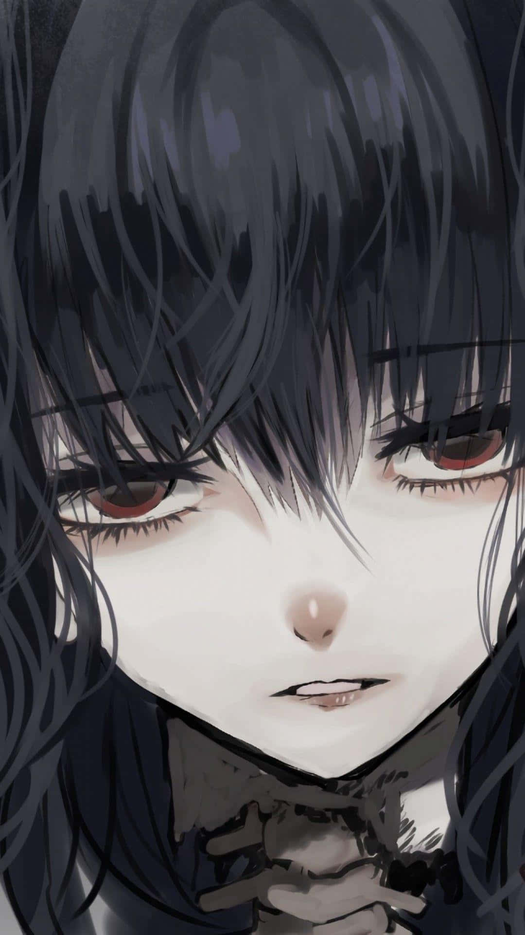 傷心動漫哥德 emo 女孩 壁紙 — 一個黑髮紅眼嘅動漫女仔特寫，用嚴肅嘅表情強烈地凝視。