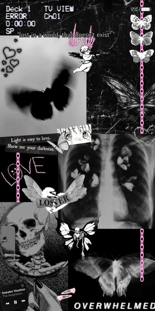 用 Emo iPhone 探索內心世界 壁紙 — 帶有粉紅色點綴的故障黑白拼貼畫，包含蝴蝶、頭骨、鎖鏈和文字疊加，傳達情感動盪。