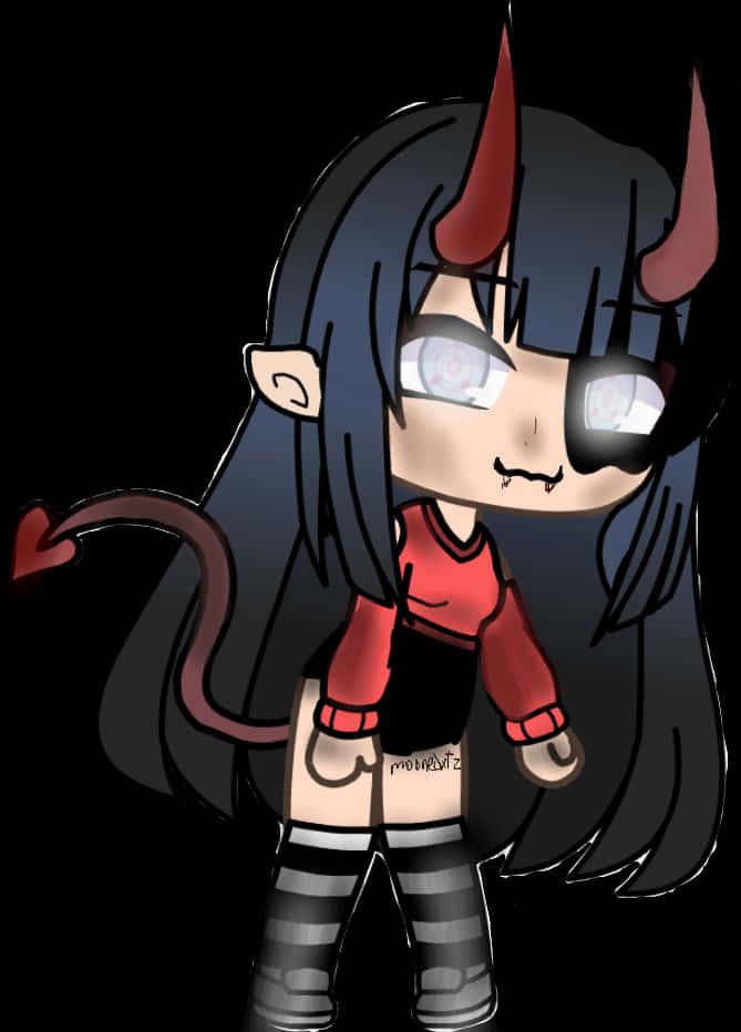 可愛惡魔少女（emo髮型） 壁紙 — 一個黑髮、紅色角和尾巴的Q版動漫女孩，穿著紅色上衣、黑色短褲和條紋襪子，背景為黑色。