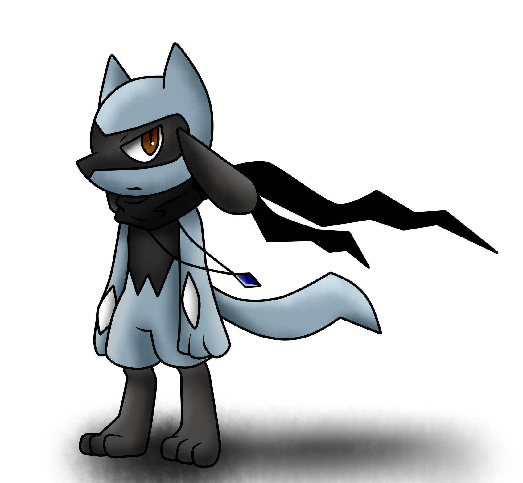 emo 風 Riolu 壁紙 — 一隻風格化的藍黑色狐狸狀生物，披著飄逸的斗篷，露出一隻琥珀色的眼睛，站在純白色背景前。