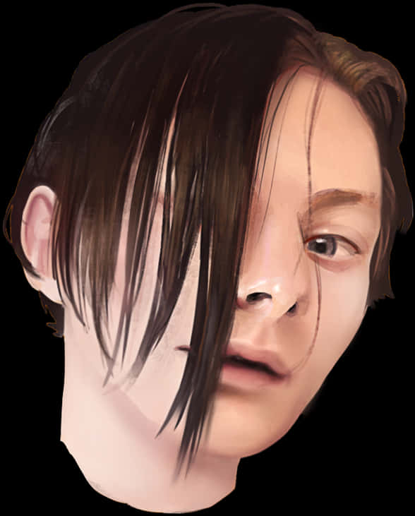 emo 髮型插畫 壁紙 — 一個數碼渲染的年輕面孔特寫，部分被深棕色頭髮遮擋，背景為黑色。