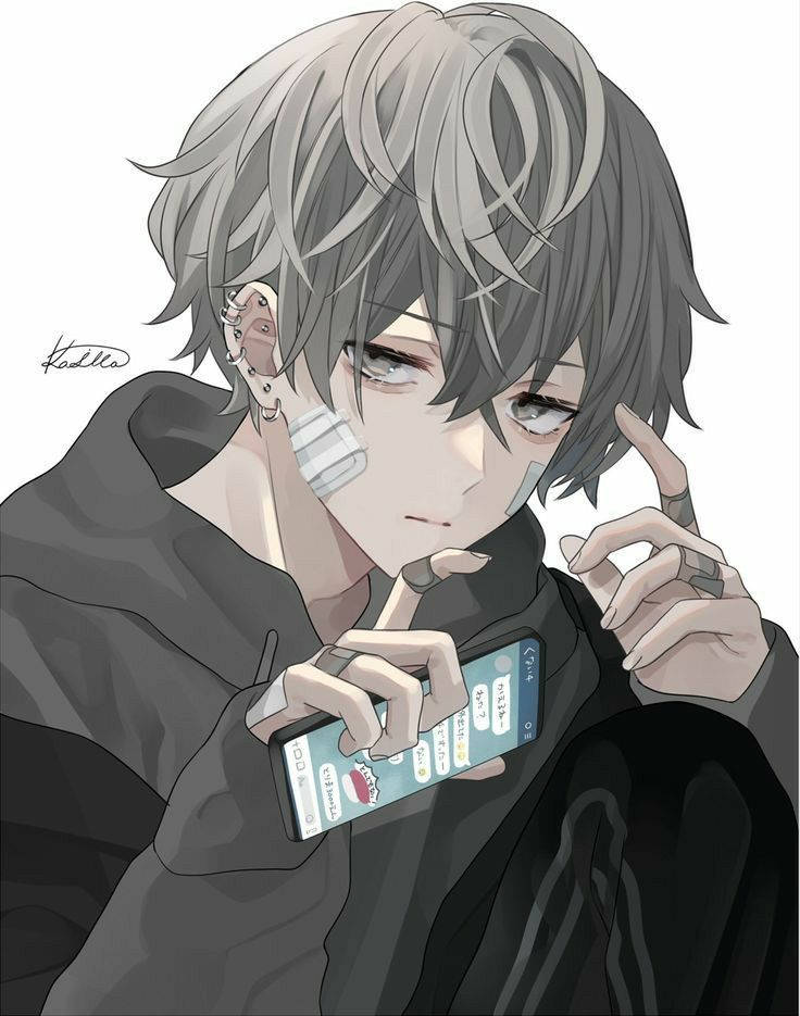 emo 男孩酷炫動漫頭像 壁紙 — 一個灰色頭髮、臉上貼著膠帶的憂鬱動漫男孩，拿著一部顯示帶有紅色心心表情符號對話的手機。