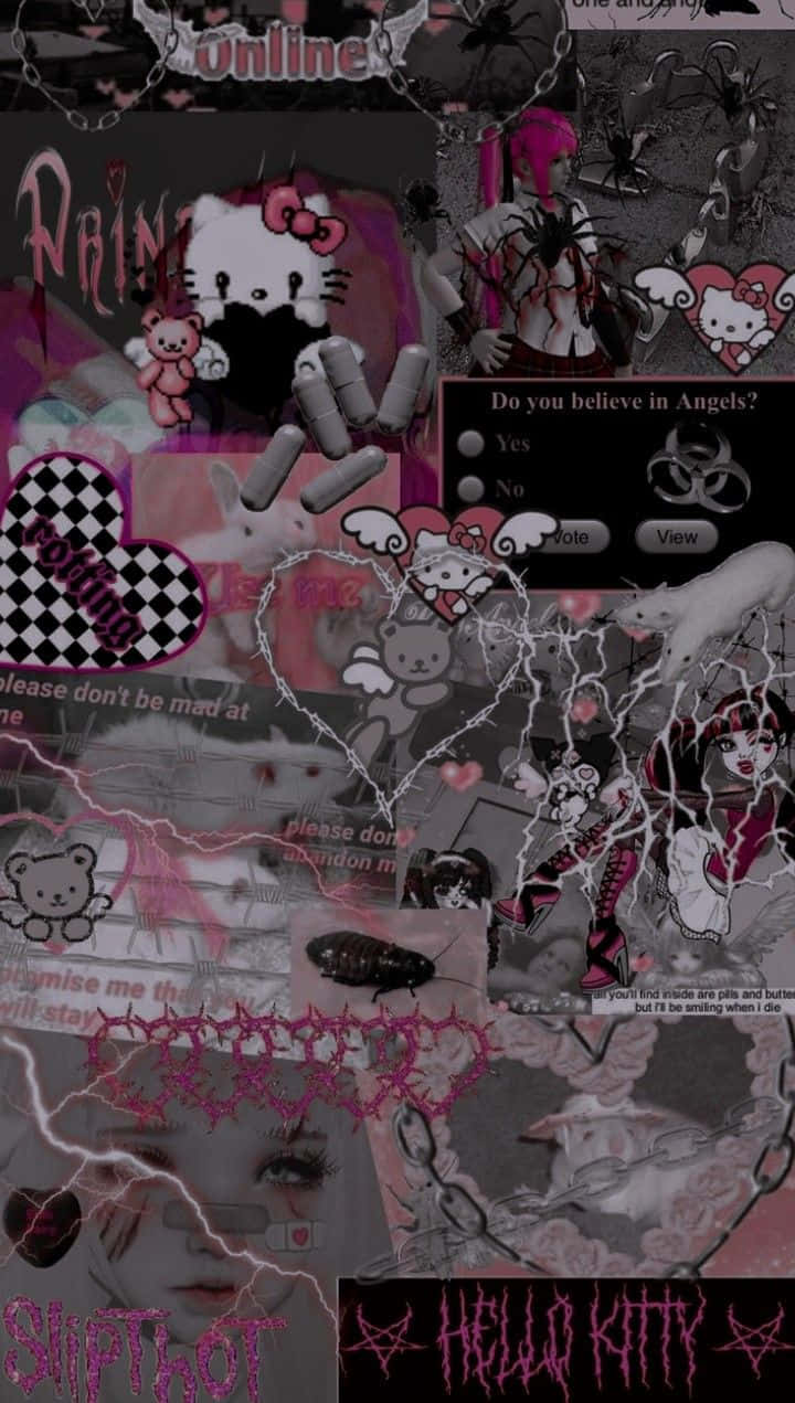 emo 風 Hello Kitty 哭泣黑眼 壁紙 — 一個黑暗哥德式拼貼畫， featuring Hello Kitty 與血和鎖鏈、粉紅色閃電和令人不安的文字疊加。