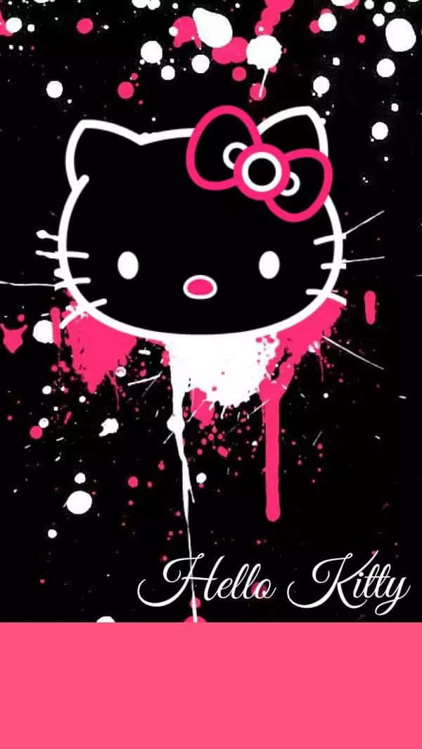 Hello Kitty 角色，帶有粉紅色蝴蝶結，黑色背景上有油漆濺點。