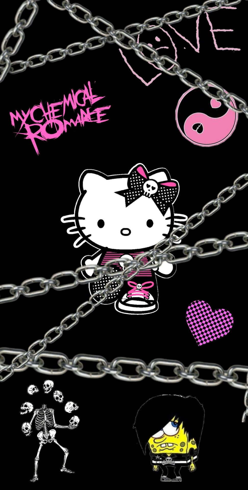 帶有鏈條、骷髏頭和My Chemical Romance文字的龐克Hello Kitty角色。