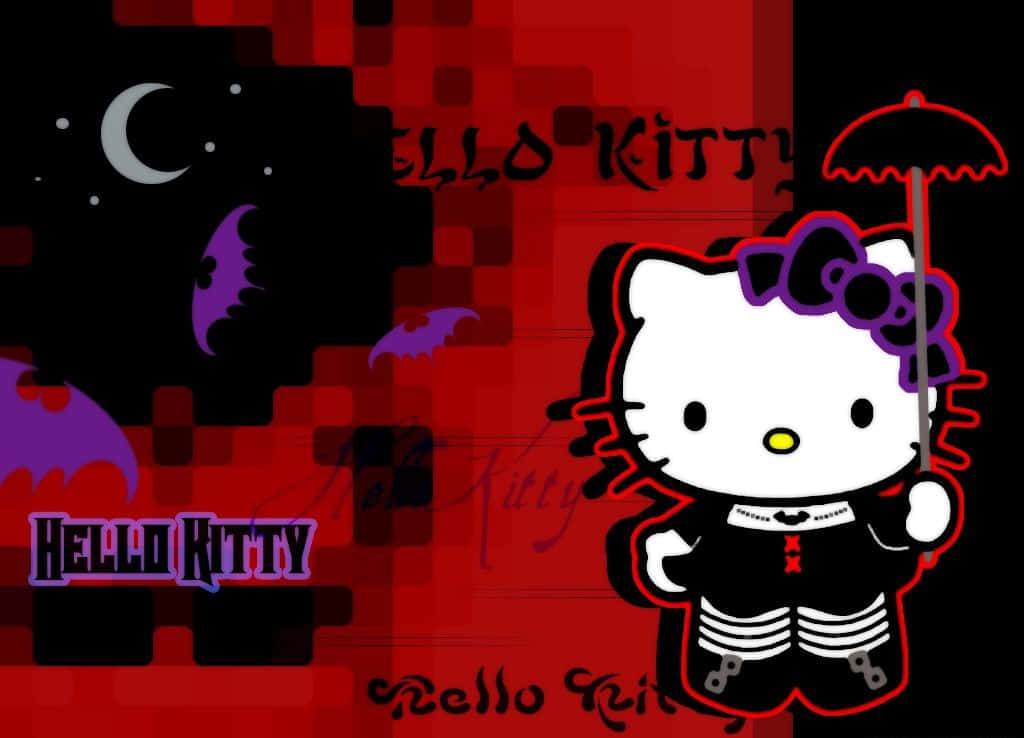 Hello Kitty 打扮成吸血鬼，在月光下撐著雨傘，周圍有蝙蝠。