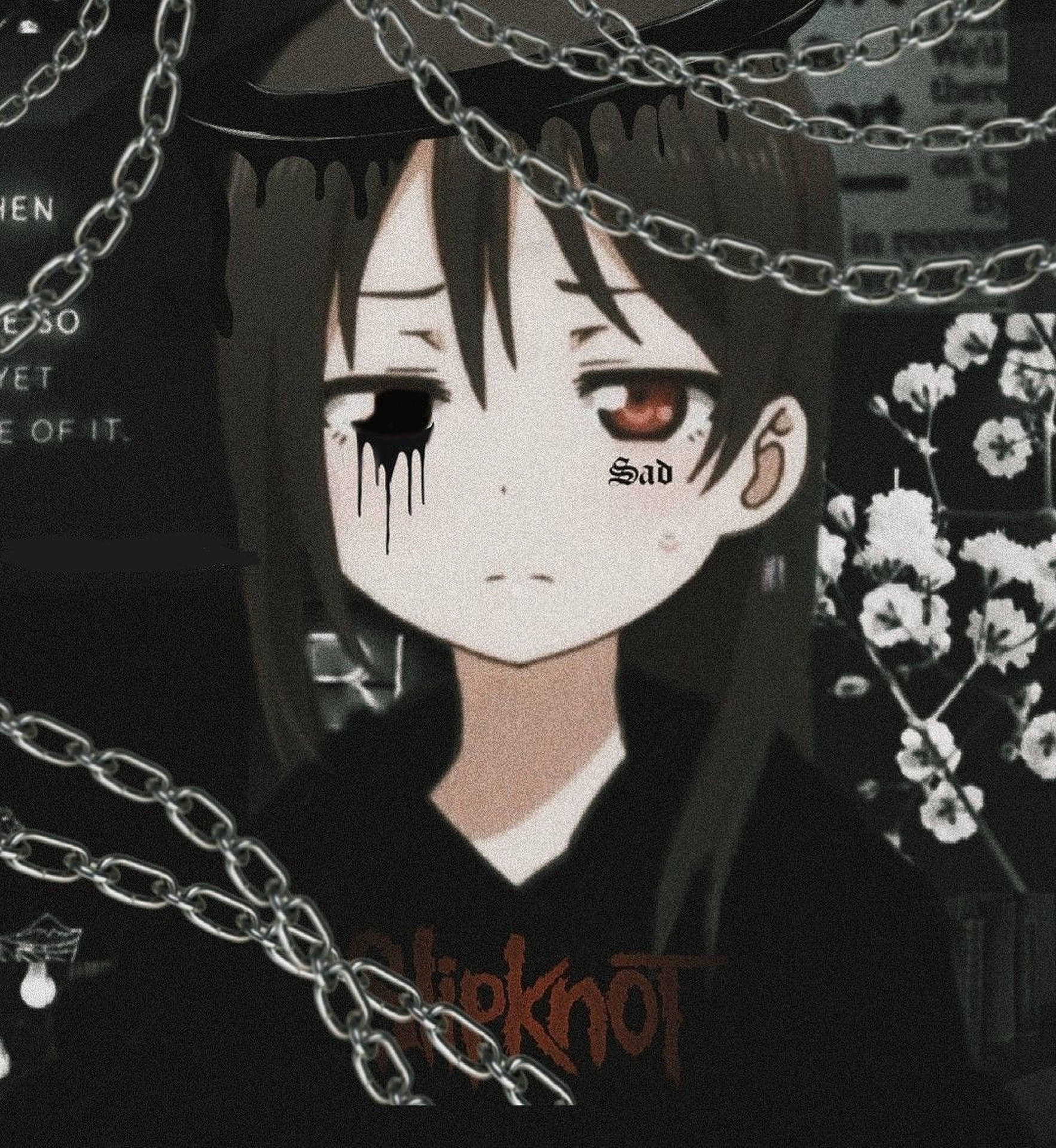動漫女孩，一隻紅眼和一隻黑眼，流著眼淚，被鎖鏈和白花包圍。