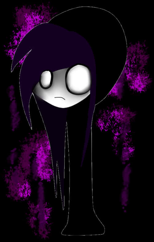 emo 髮型角色插畫 壁紙 — 一個風格化的動漫角色，擁有紫色頭髮和發光的眼睛，站在帶有紫色潑濺效果的黑暗背景前。