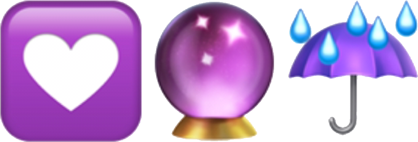 紫色心形水晶球雨傘Emoji 壁紙 — 三個紫色圖標：心形按鈕、帶星星的水晶球、雨滴、雨傘。