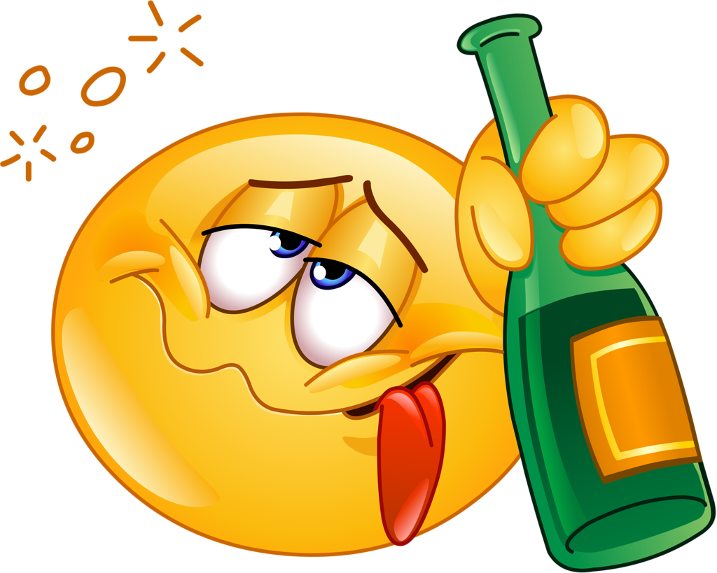 醉醺醺的Emoji手持綠瓶 壁紙 — 一個藍眼睛的黃色卡通表情符號伸出舌頭，同時拿著一個帶有橙色標籤的綠色瓶子。