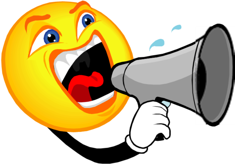 持擴音器大喊的Emoji 壁紙 — 一個卡通黃色表情符號，藍色眼睛，通過灰色擴音器在黑色背景上尖叫。