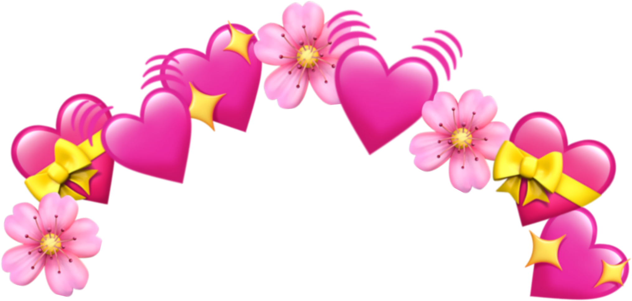 心形皇冠 Emoji 裝飾 壁紙 — 一個節日拱門，由光澤的粉紅色心形和櫻花組成，飾有黃色蝴蝶結和星星，背景為柔和的青綠色。