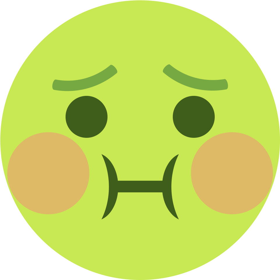 綠色生病臉部 Emoji 壁紙 — 一個青檸綠色的表情符號臉，眉頭緊鎖，臉頰鼓起，露出不高興的表情。
