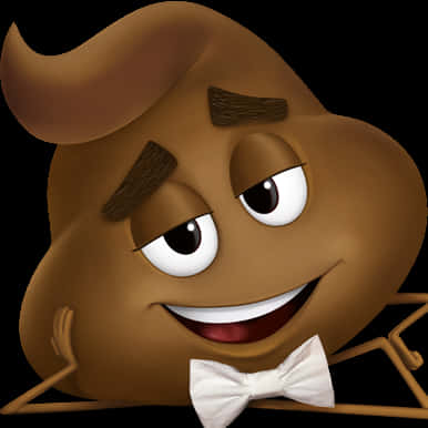 戴領結微笑便便 Emoji 壁紙 — 一個戴著蝴蝶結、自信地咧嘴笑的卡通便便表情符號，背景為黑色。
