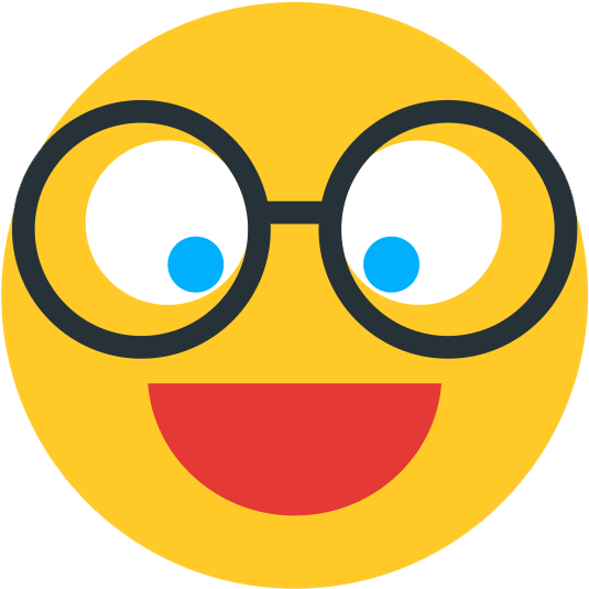 戴眼鏡的可愛微笑臉Emoji 壁紙 — 一個戴著圓框眼鏡、露出寬闊紅色笑容的開心黃色表情符號臉。