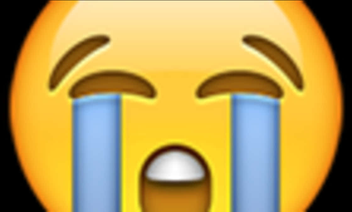 大哭臉 Emoji 壁紙 — 一個明亮的黃色表情符號臉，在黑色背景上流著大顆藍色眼淚，嘴巴張大。