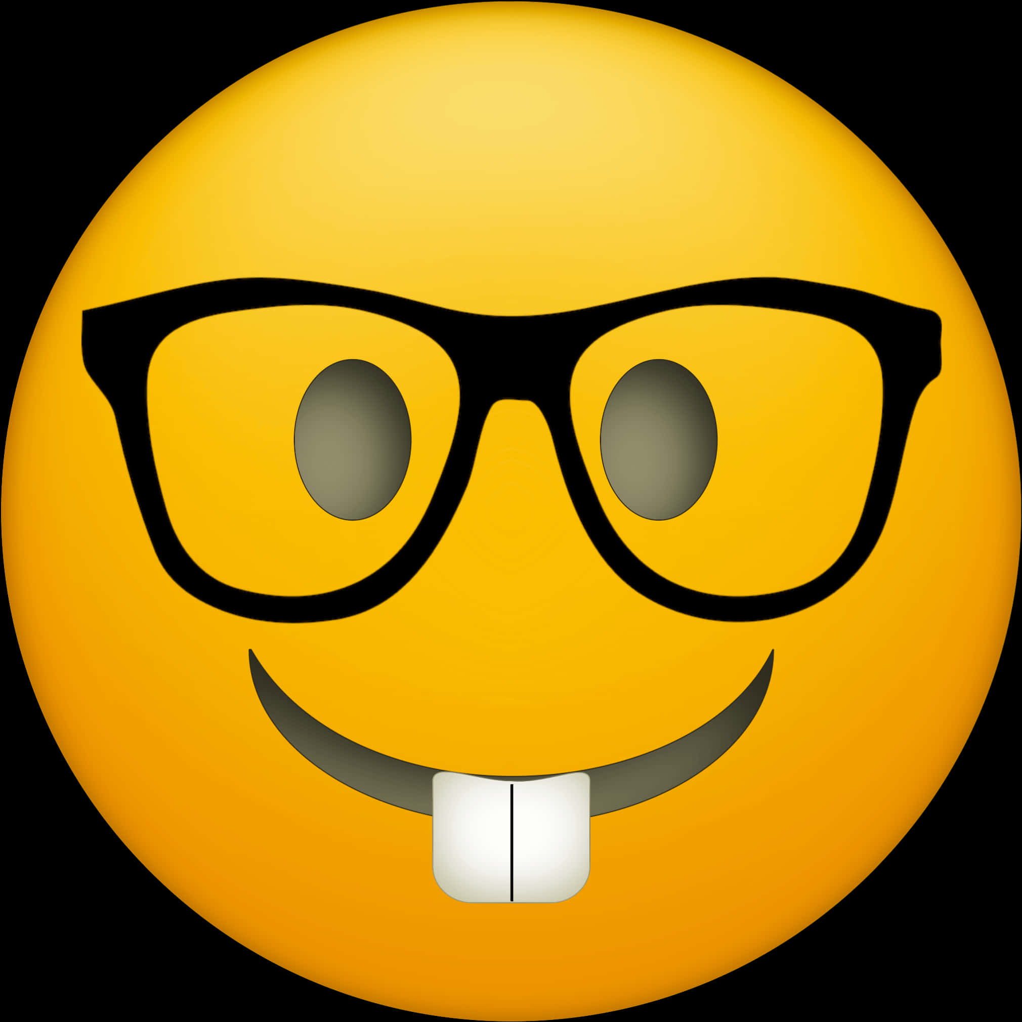 戴眼鏡與兔牙的書呆子臉 Emoji 壁紙 — 一個亮黃色的表情符號臉，戴著黑框眼鏡，頑皮地伸出舌頭，背景為黑色。