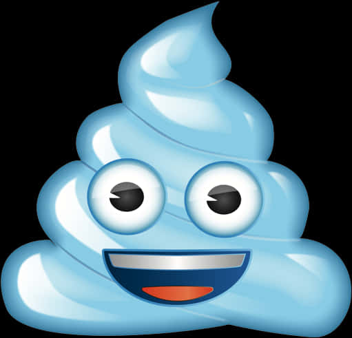 藍色快樂便便Emoji 壁紙 — 一個開心嘅淺藍色便便表情符號，有大眼睛同闊笑臉，背景係黑色。