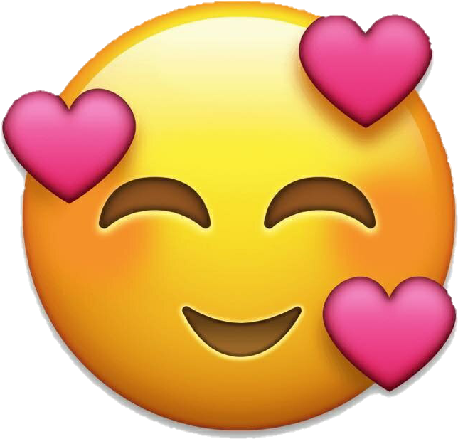 愛心眼微笑臉Emoji 壁紙 — 一個快樂的黃色表情符號臉，閉著眼睛，周圍漂浮著三個粉紅色的心形。