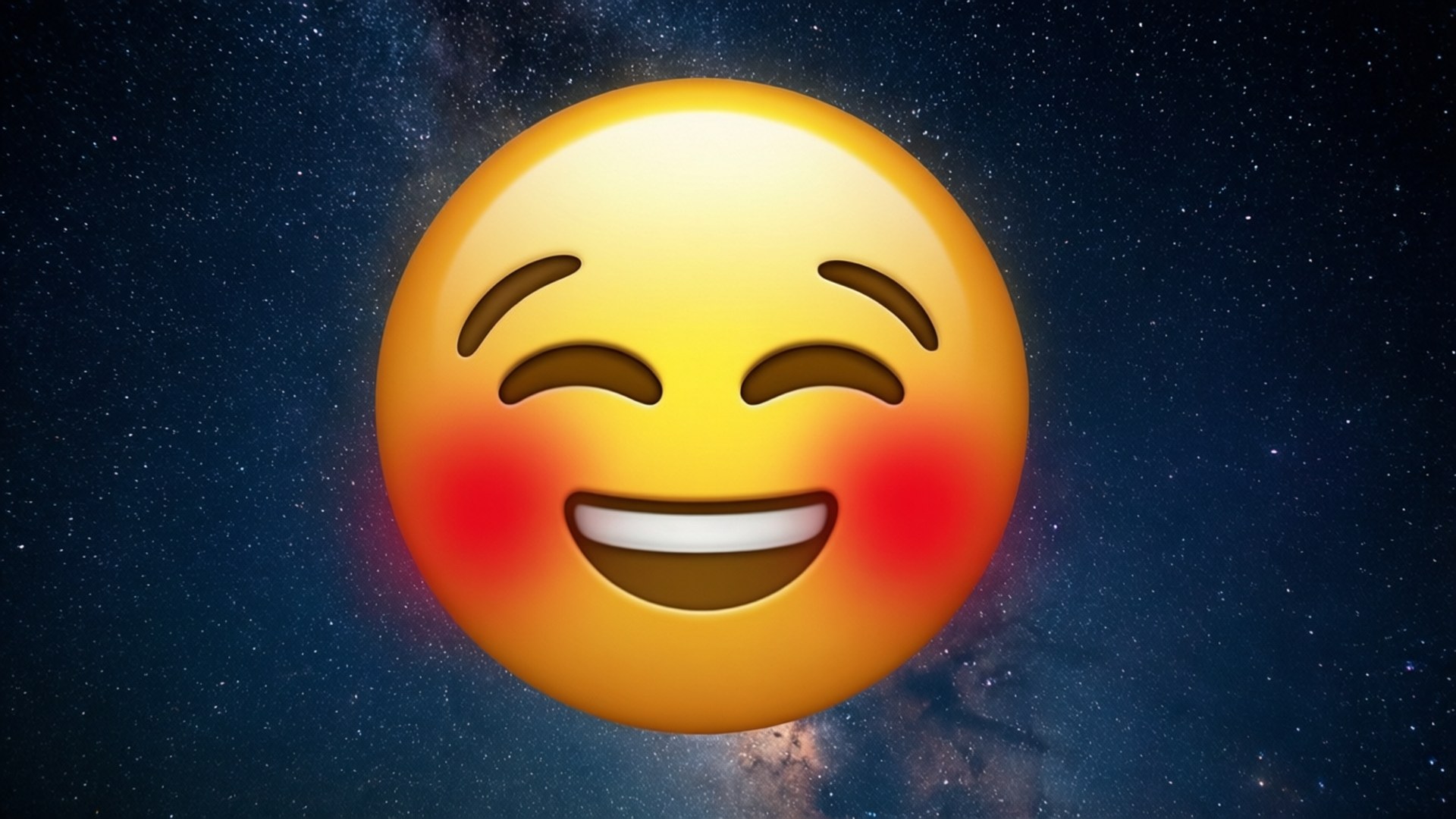 一個愉快嘅笑臉表情符號，帶有玫瑰色面頰，襯托星光夜空。