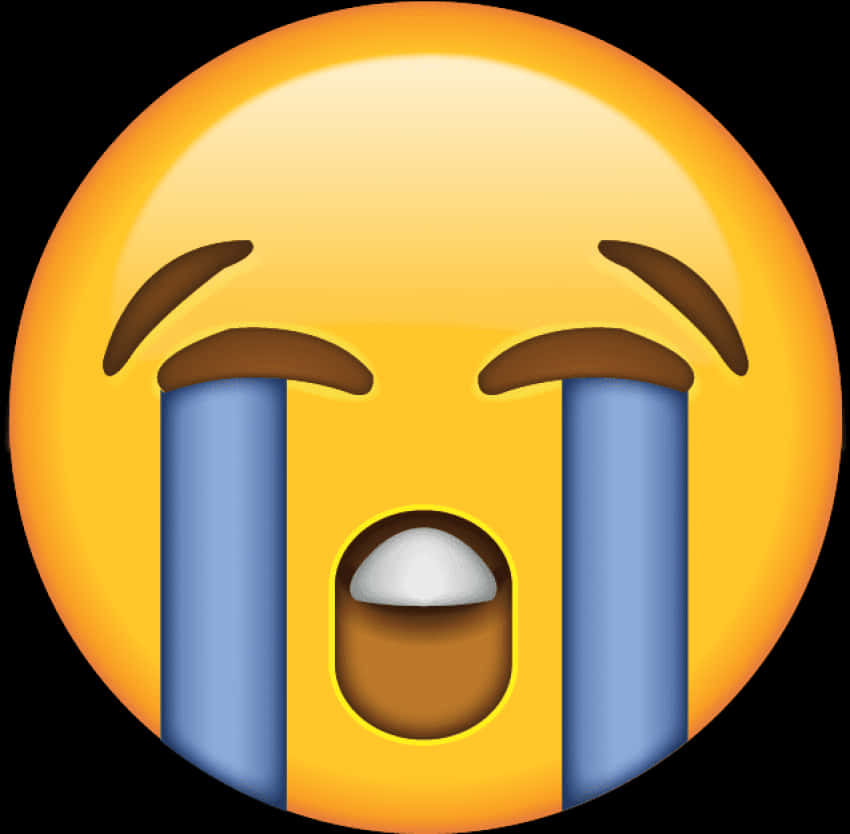 大哭臉 Emoji 壁紙 — 一個明亮的黃色表情符號臉孔，睜大眼睛，藍色大淚珠順著臉頰流下，背景為黑色。