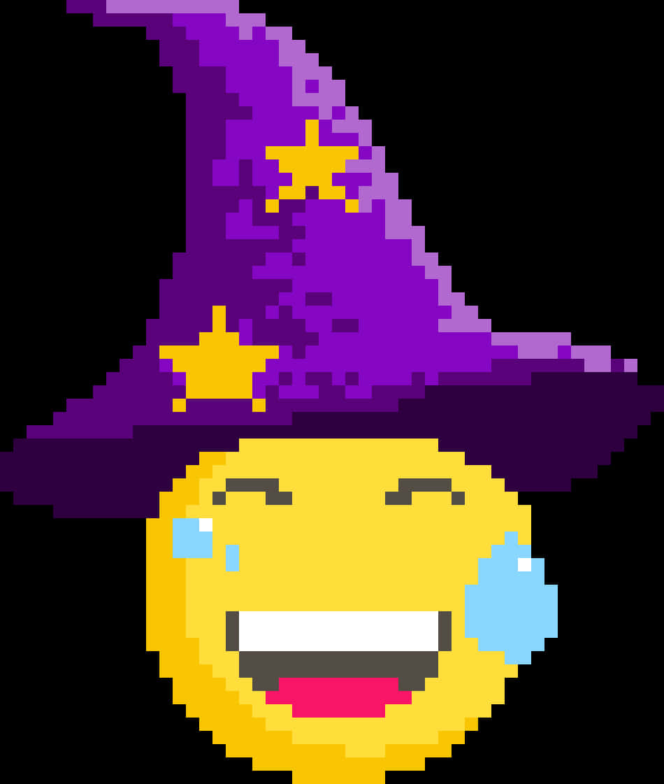像素化笑臉女巫 Emoji 壁紙 — 一個像素化的黃色表情符號戴著帶有黃色星星的紫色巫婆帽，開心地笑著。