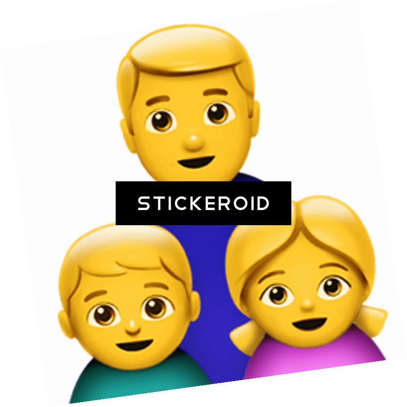 Emoji家庭三重奏貼紙風格 壁紙 — 三個微笑嘅表情符號面孔，金髮同啡色眼睛，以傾斜構圖排列喺深色背景上。