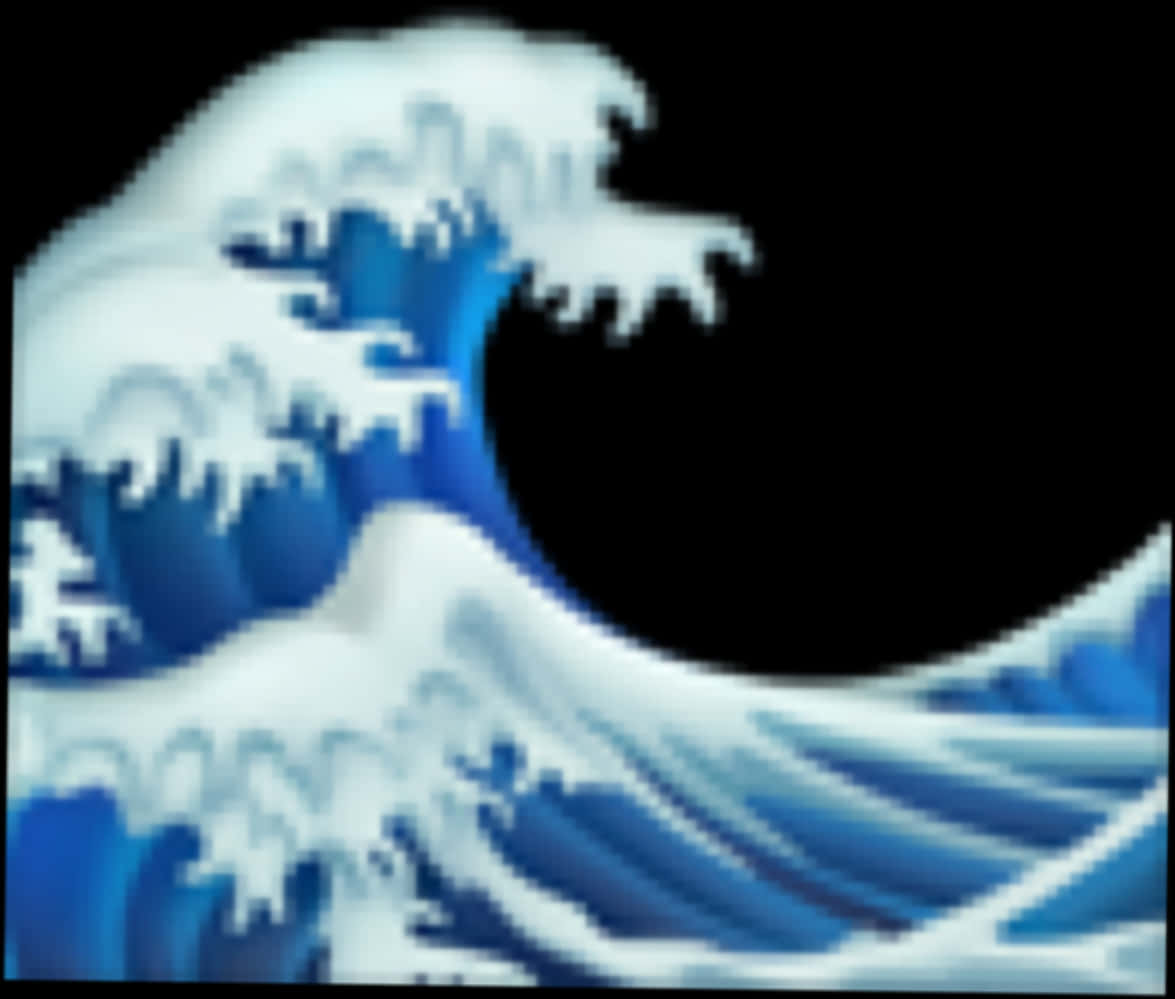 藍色波浪Emoji藝術 壁紙 — 一個像素化的藍色波浪，帶有白色泡沫，在黑色背景上以風格化的數位藝術描繪中撞擊。