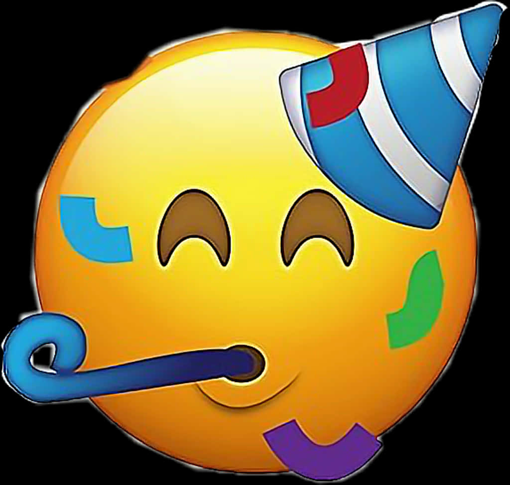 派對臉 Emoji（配喇叭與彩紙屑） 壁紙 — 一個戴著藍色派對帽、吹著藍色派對喇叭、臉頰上有彩色紙屑的開心黃色表情符號臉。