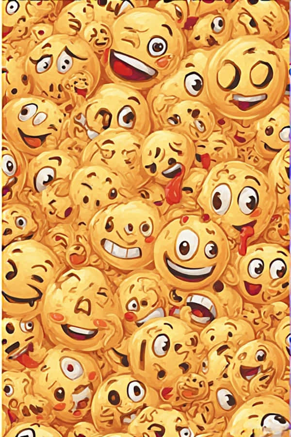 彩色Emoji圖案 壁紙 — 一個密集而充滿活力的拼貼畫，由卡通風格的黃色表情符號面孔組成，展現各種俏皮和愚蠢的表情。