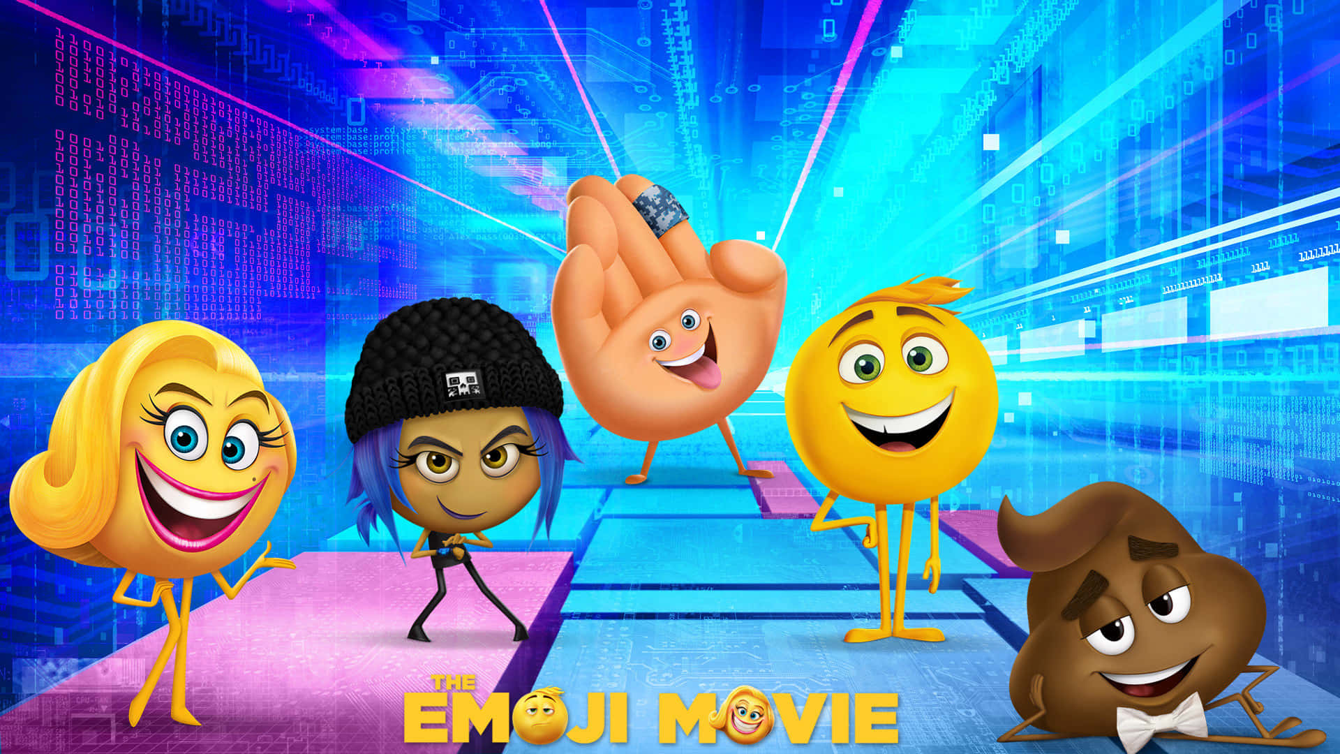 《Emoji 大電影》宣傳海報 壁紙 — 充滿活力的動畫表情符號角色在發光的數碼電路背景前自信地擺姿勢。