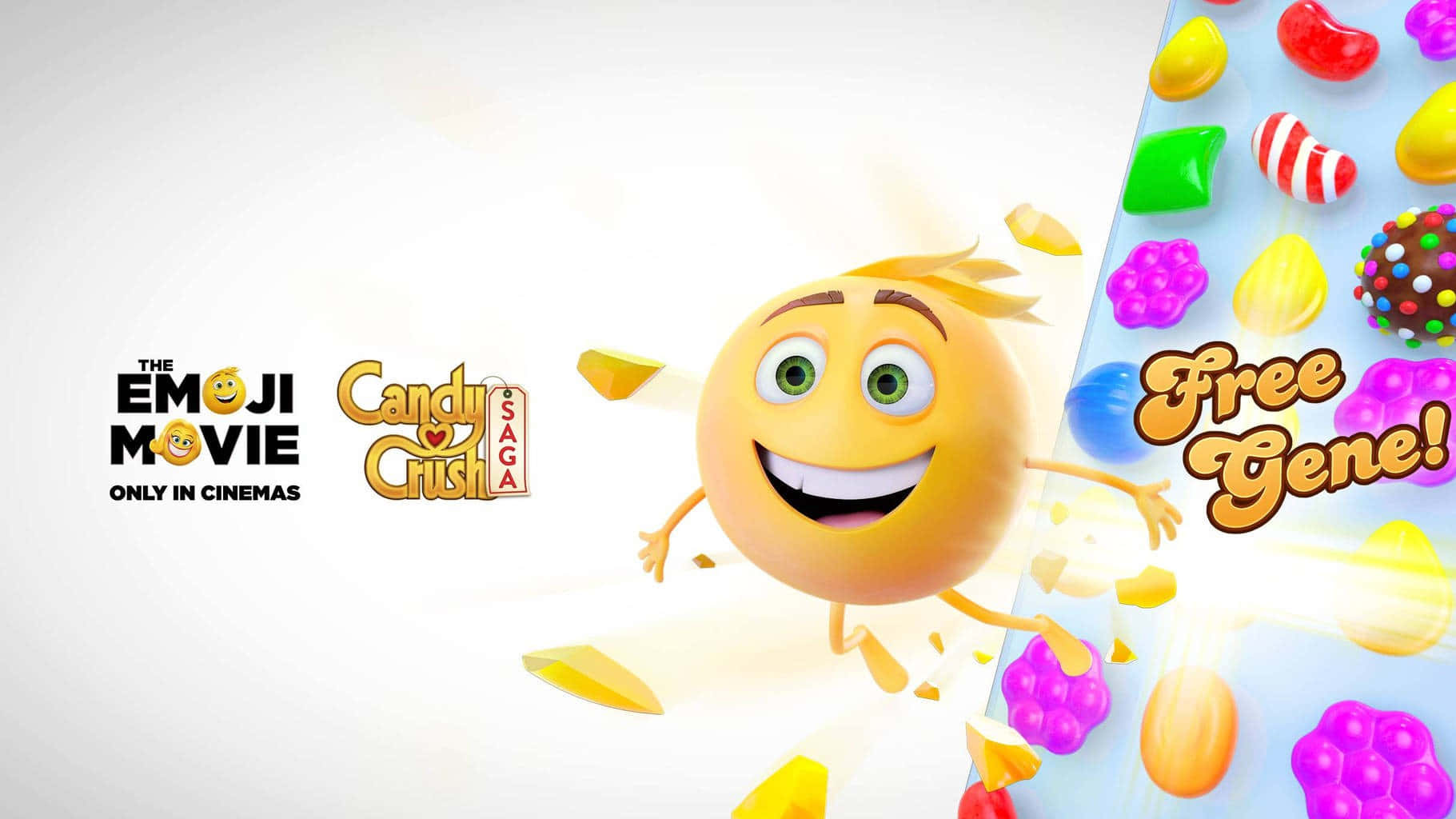 《Emoji 大電影》與 Candy Crush Saga 聯名活動 壁紙 — 一個開心的黃色表情符號角色爆出糖果碎片，旁邊有一個色彩繽紛的糖果網格，推廣免費基因優惠。